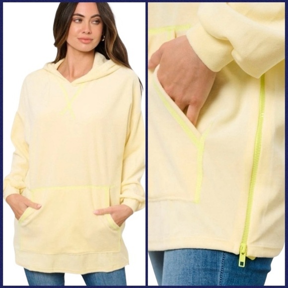 Andante USA Tops - ANDANTE USA Yellow Hoodie with Neon Trim, A Kangaroo Pocket + Side Zips at Hips